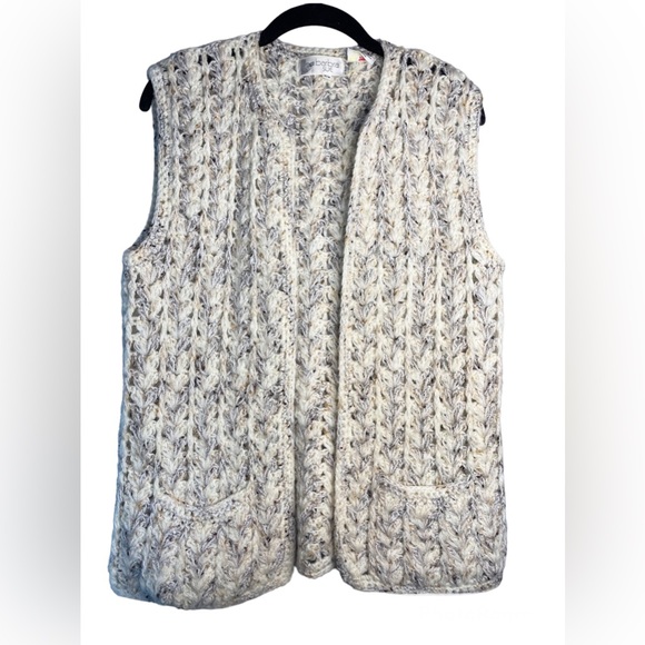 Vintage Knit Vest Woman’s Tan Grey Winter Acyrlic Barbra Sue Fashion 70s Loose - Picture 1 of 7